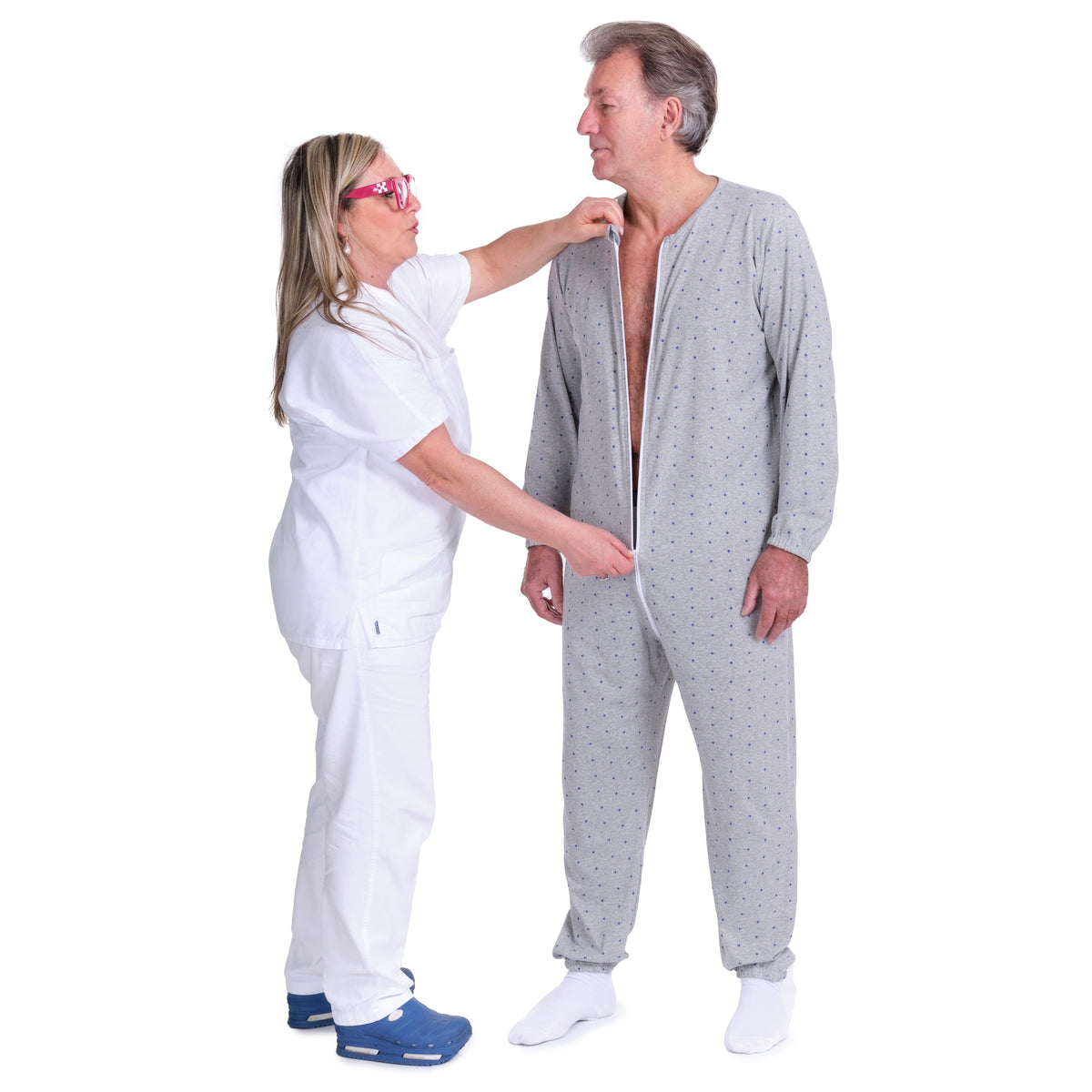 Light blue Ferrucci Comfort adaptive hospital pyjamas with full front zipper for bedridden patients, incontinence, and post-surgery care.