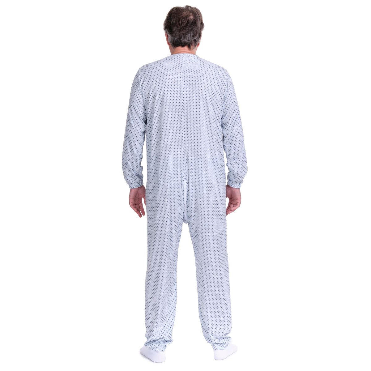 Light blue Ferrucci Comfort adaptive hospital pyjamas with full front zipper for bedridden patients, incontinence, and post-surgery care.