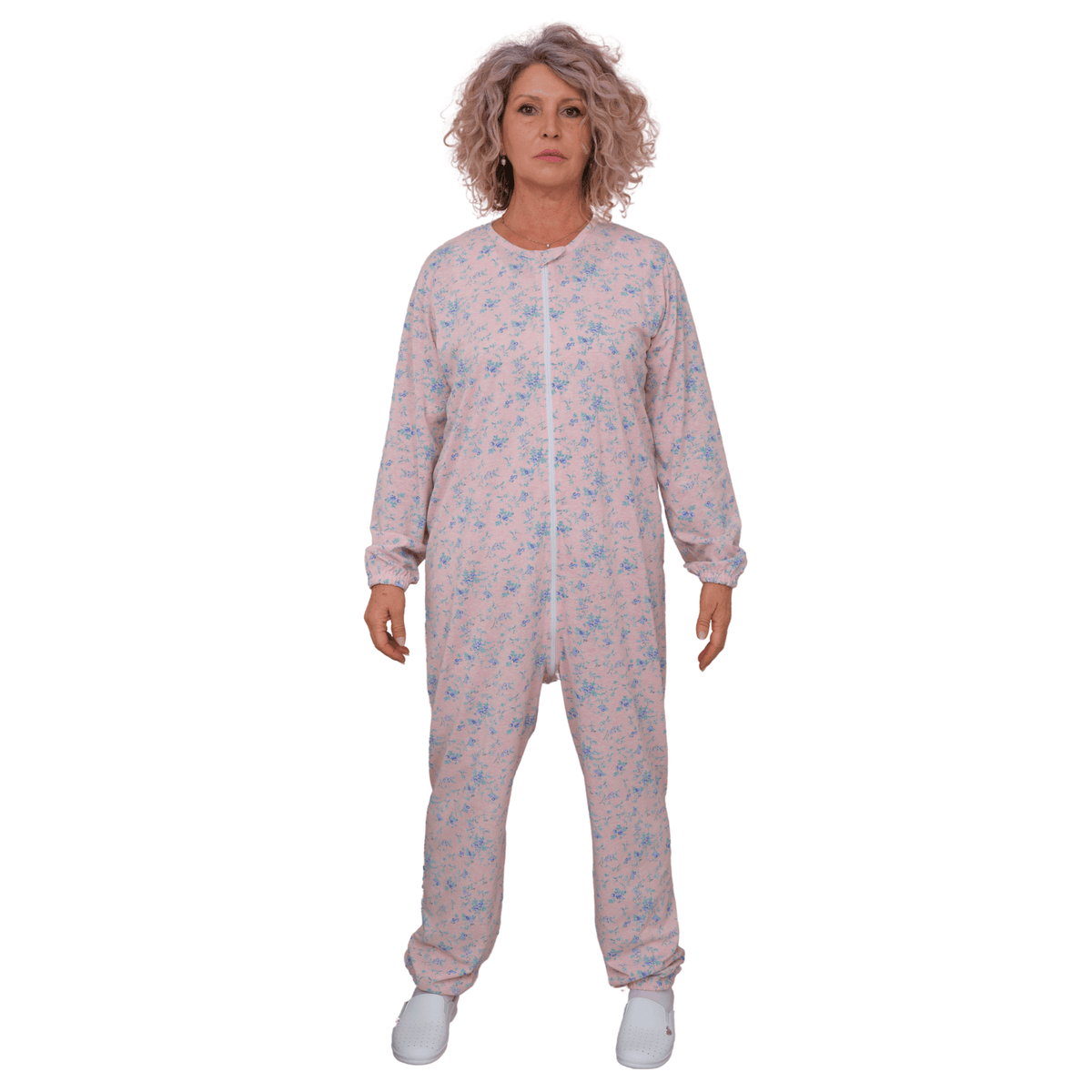 Light blue Ferrucci Comfort adaptive hospital pyjamas with full front zipper for bedridden patients, incontinence, and post-surgery care.
