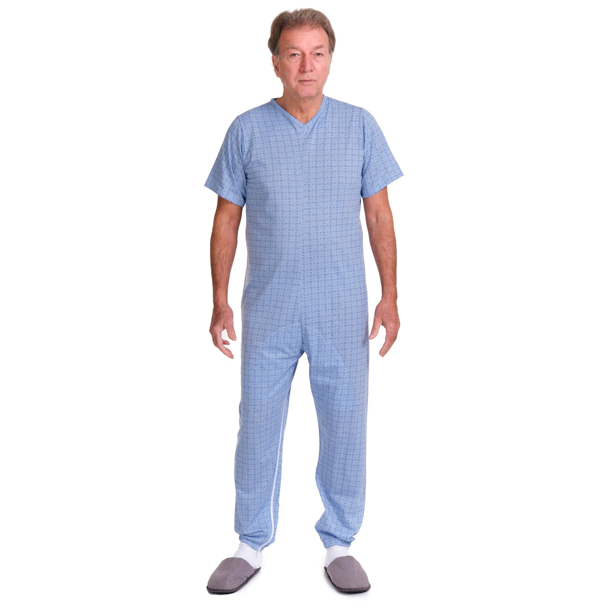Short-sleeved geriatric pajamas by Ferrucci Comfort with zipper closures inside the legs, made of soft cotton and polyester.