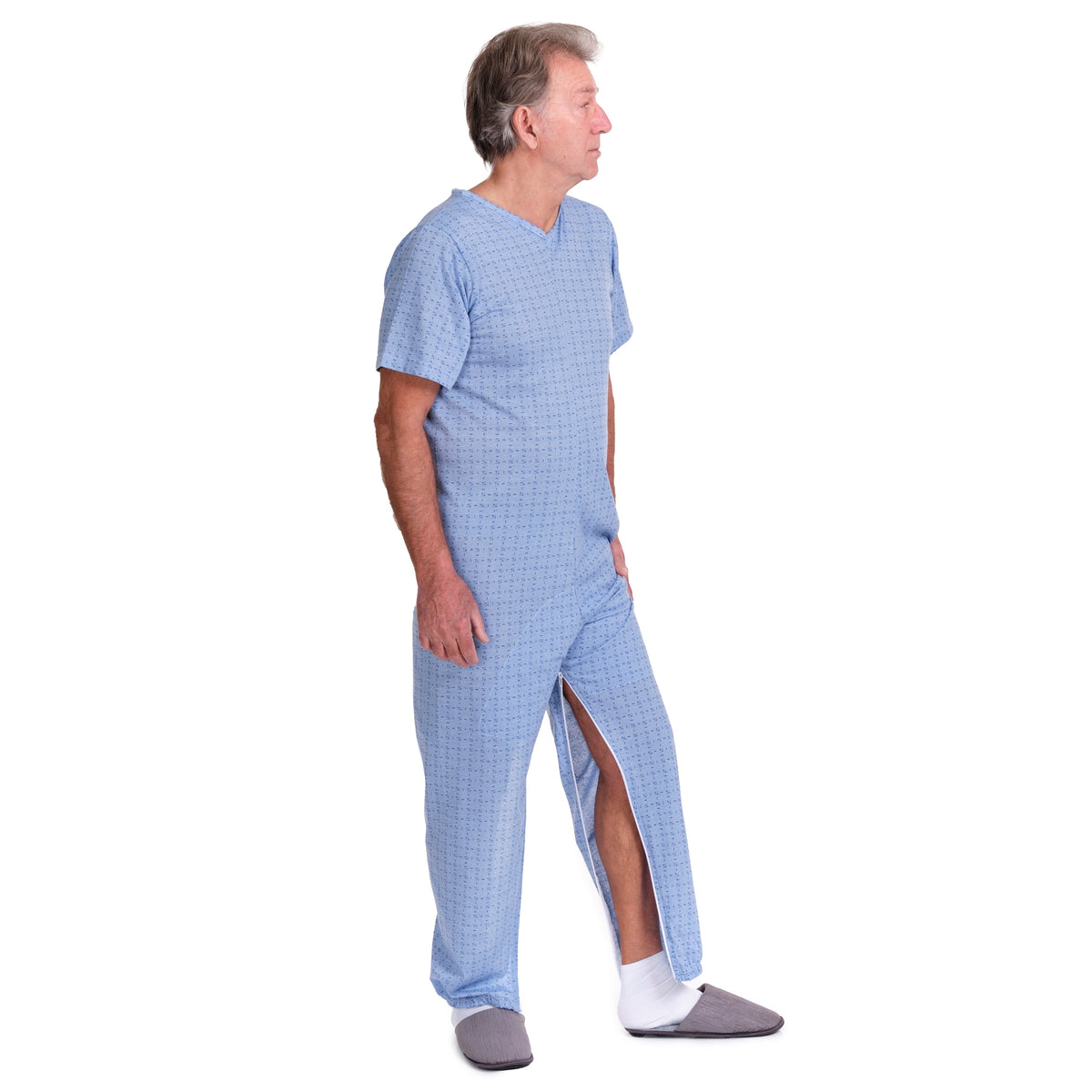 Short-sleeved geriatric pajamas by Ferrucci Comfort with zippered legs, made of cotton and polyester for easy wear.