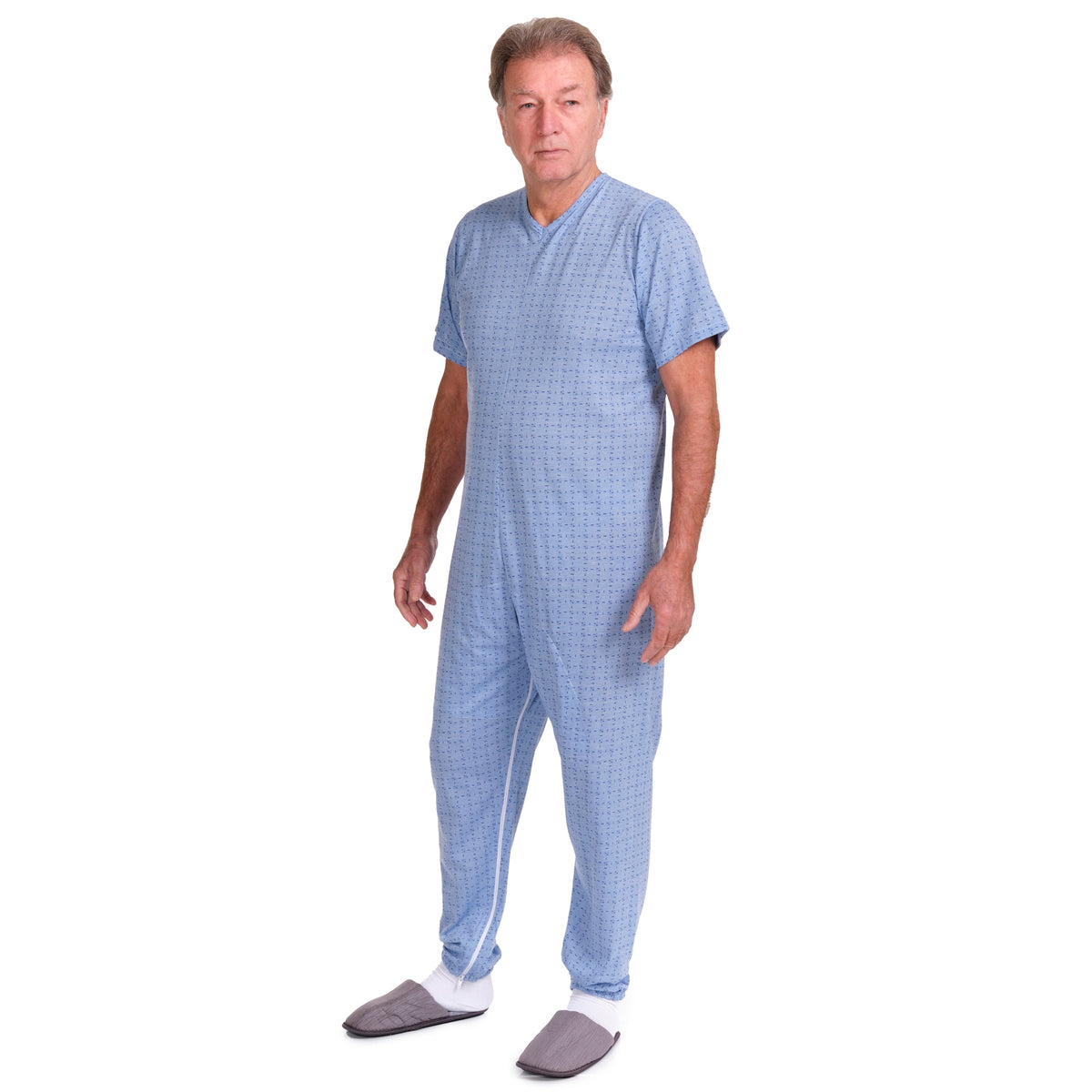 Ferrucci Comfort geriatric short-sleeved pyjamas with zip closures inside the legs, made of cotton and polyester fabric.