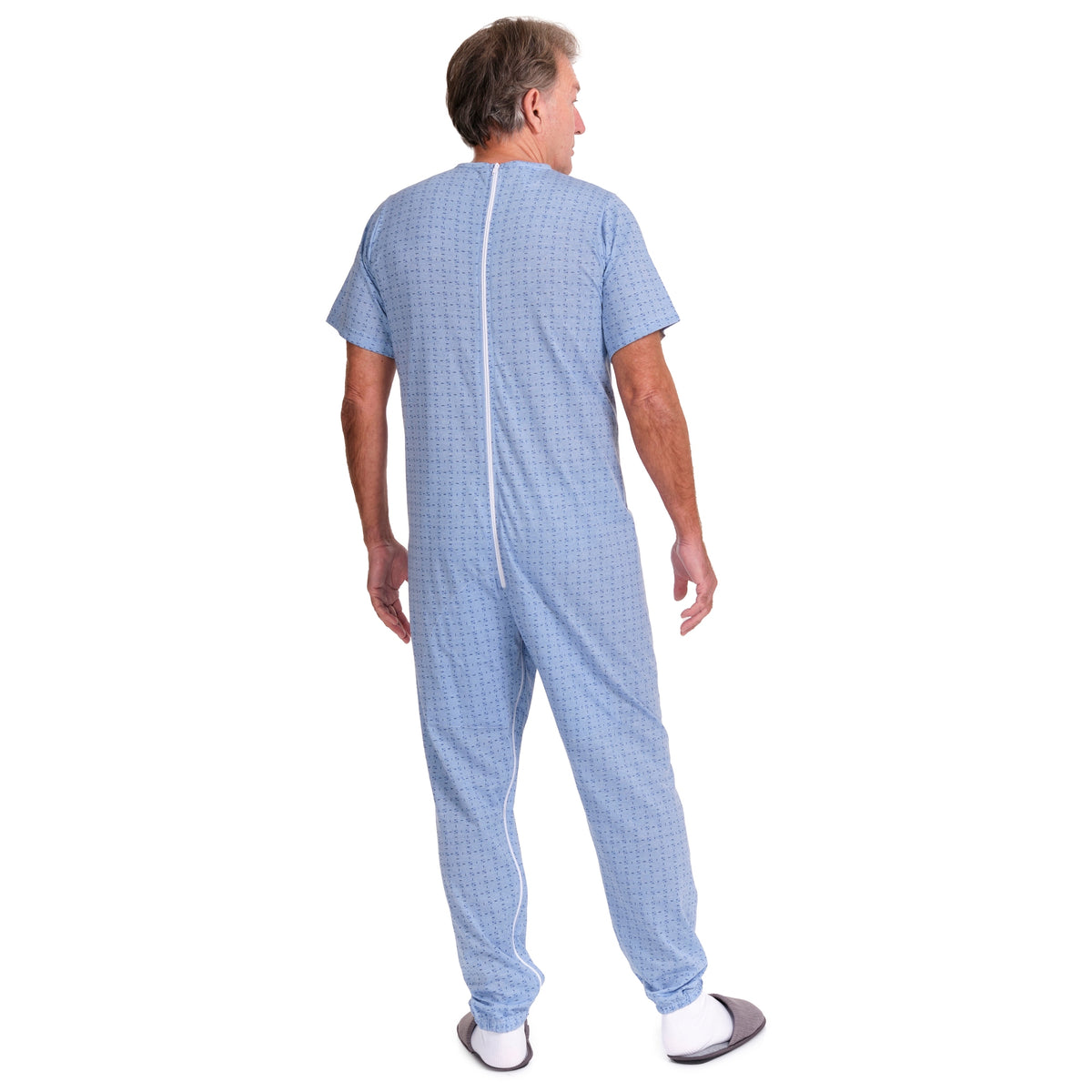 Ferrucci Comfort geriatric short-sleeved pyjamas with zipper access inside legs, made of cotton and polyester, shown in the image.