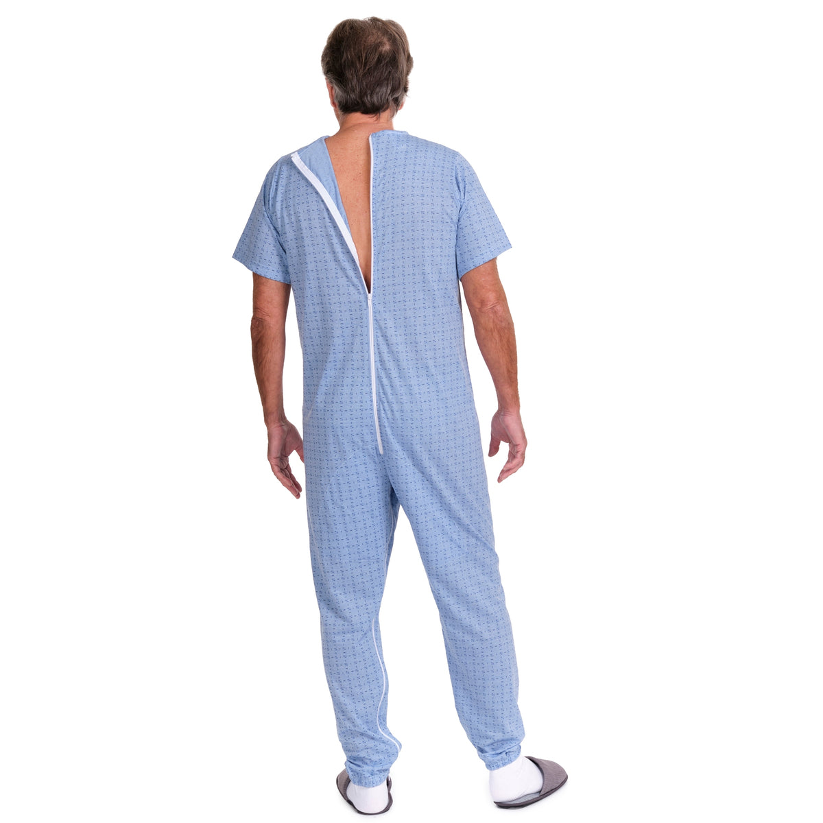 Ferrucci Comfort geriatric short-sleeved pyjamas with zippered leg openings, made of cotton and polyester, shown in a comfortable fit.