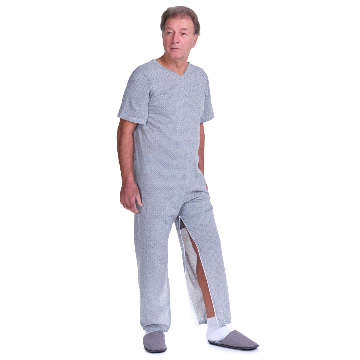 Ferrucci Comfort geriatric short-sleeved pyjamas with zipper openings in the legs, made of cotton and polyester fabric.