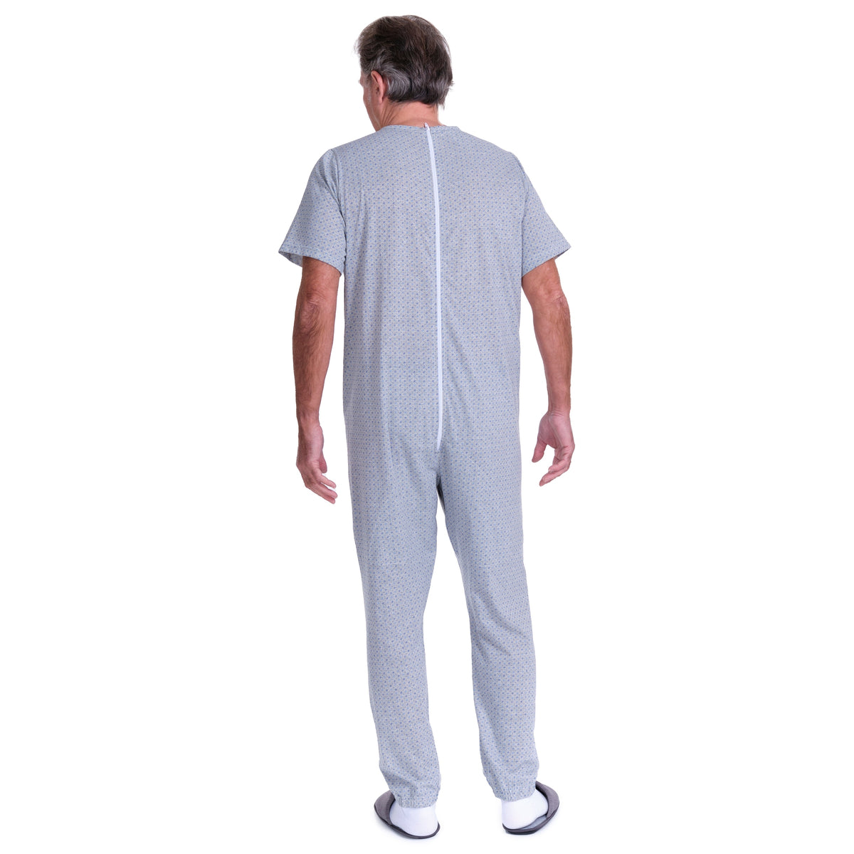 Geriatric short-sleeved pyjamas with zippers inside the legs, made of cotton and polyester, by Ferrucci Comfort.