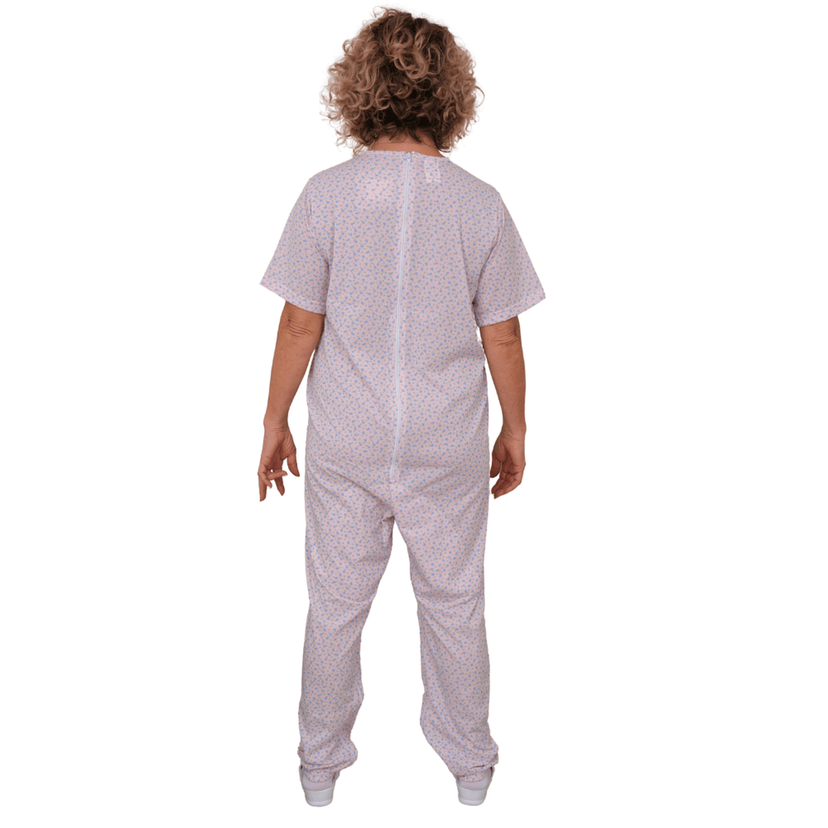 Geriatric short-sleeved pyjamas with zippers inside the legs, made of cotton and polyester, by Ferrucci Comfort.