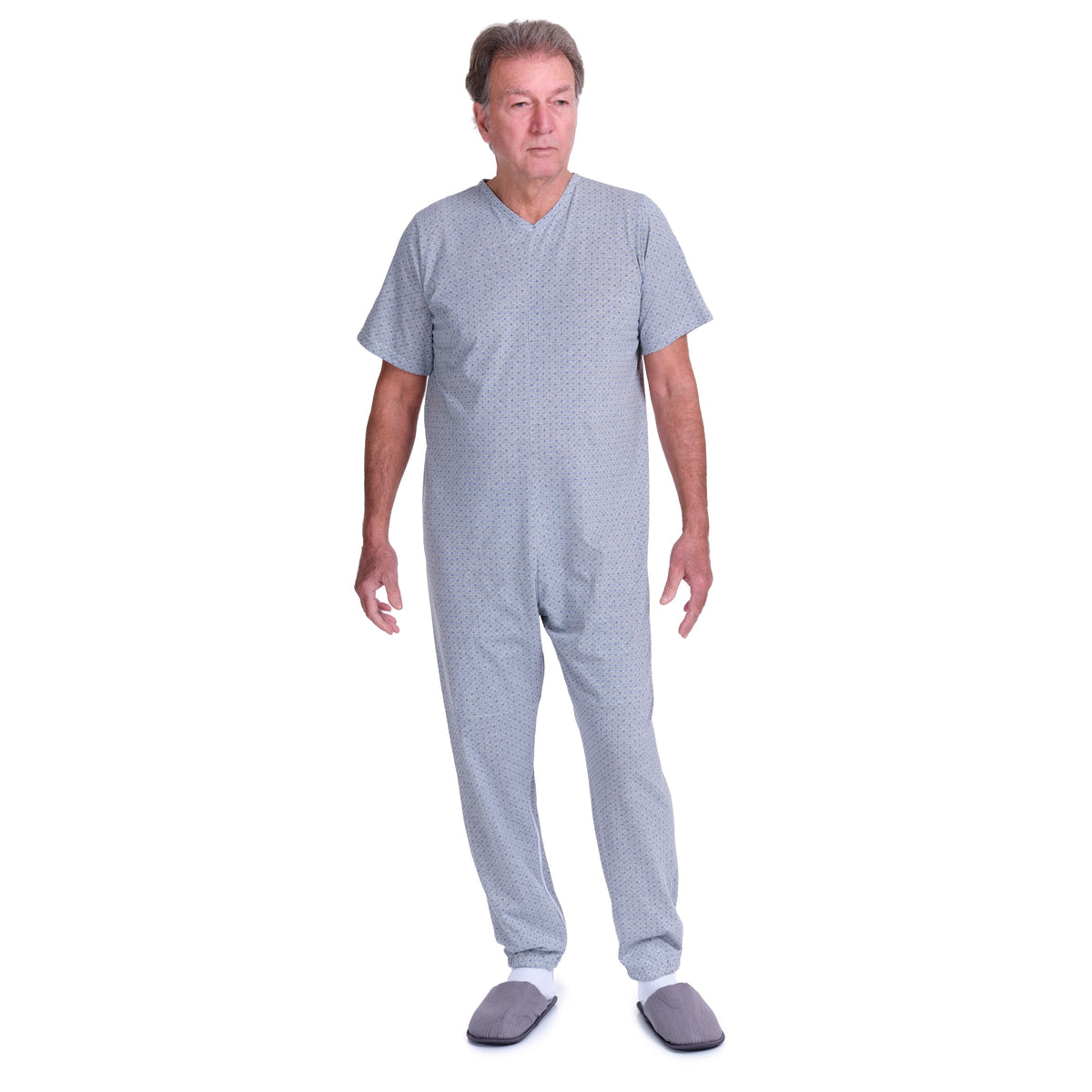Ferrucci Comfort geriatric short-sleeved pyjamas with zip closures inside the legs, made of cotton and polyester.