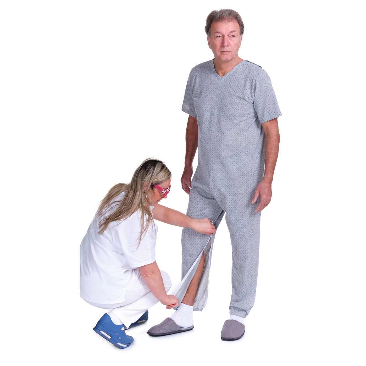 Ferrucci Comfort geriatric short-sleeved pajamas with zippered legs, made of cotton and polyester, featuring a comfortable, easy-to-wear design.