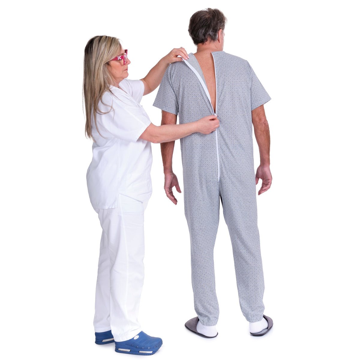 Ferrucci Comfort geriatric short-sleeved pyjamas with zippers inside the legs, made of cotton and polyester, shown in the image.