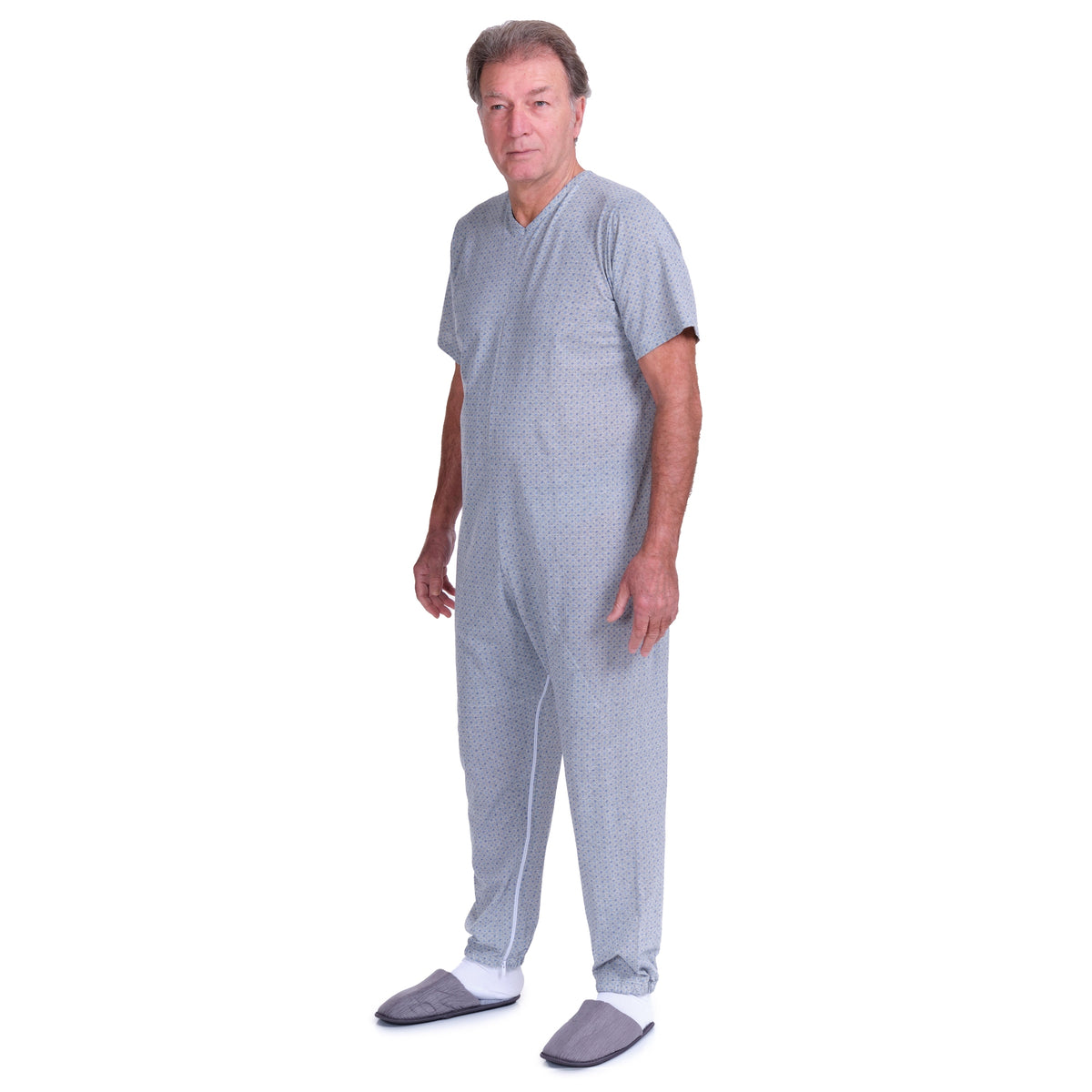 Short-sleeved Geriatric Pyjamas by Ferrucci Comfort with leg zips, made of cotton and polyester, shown in a comfortable sleepwear style.
