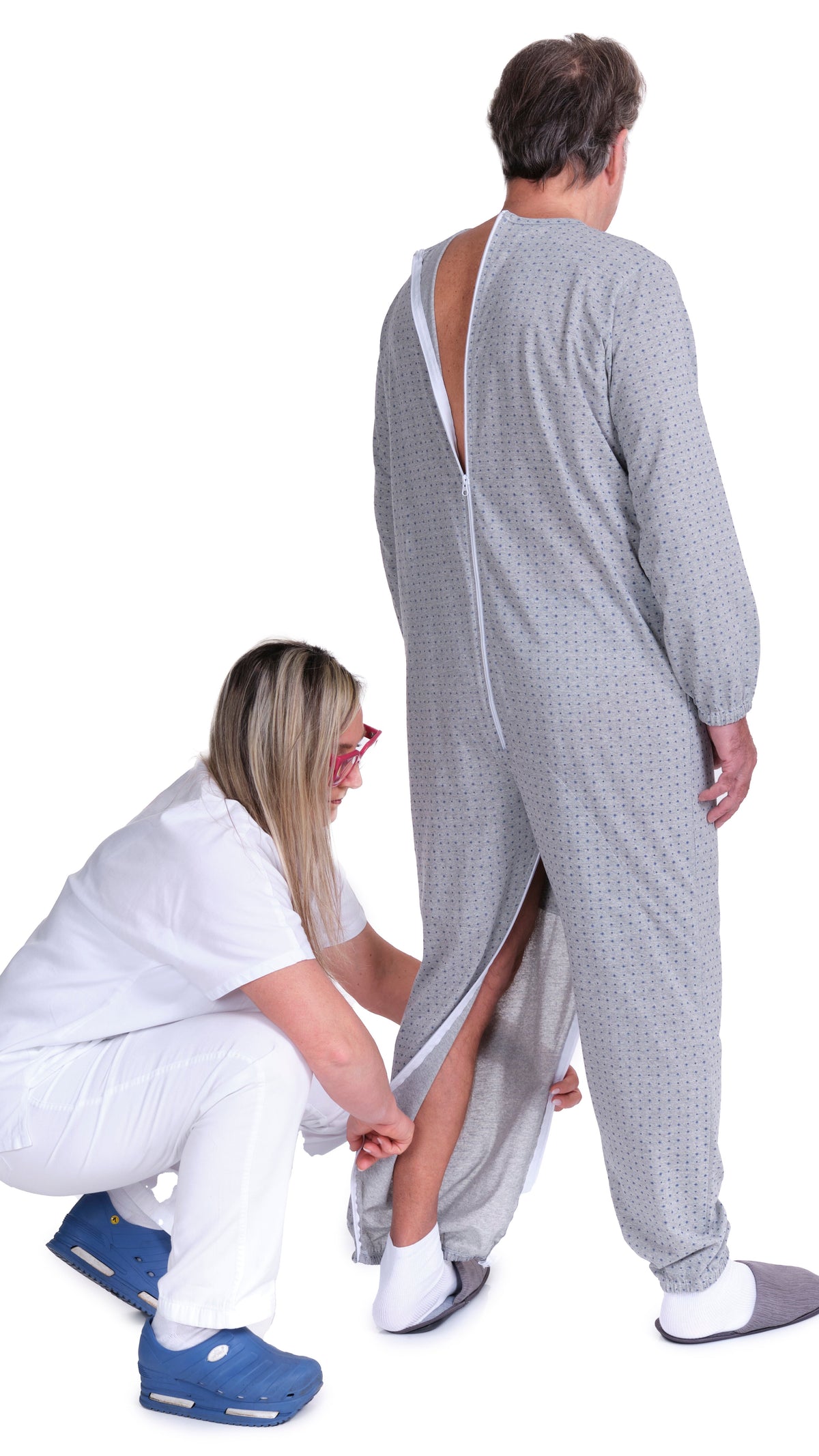 Light blue Ferrucci Comfort pyjamas onesie with long sleeves, two back zippers, and cotton-polyester blend inner leg for comfort.
