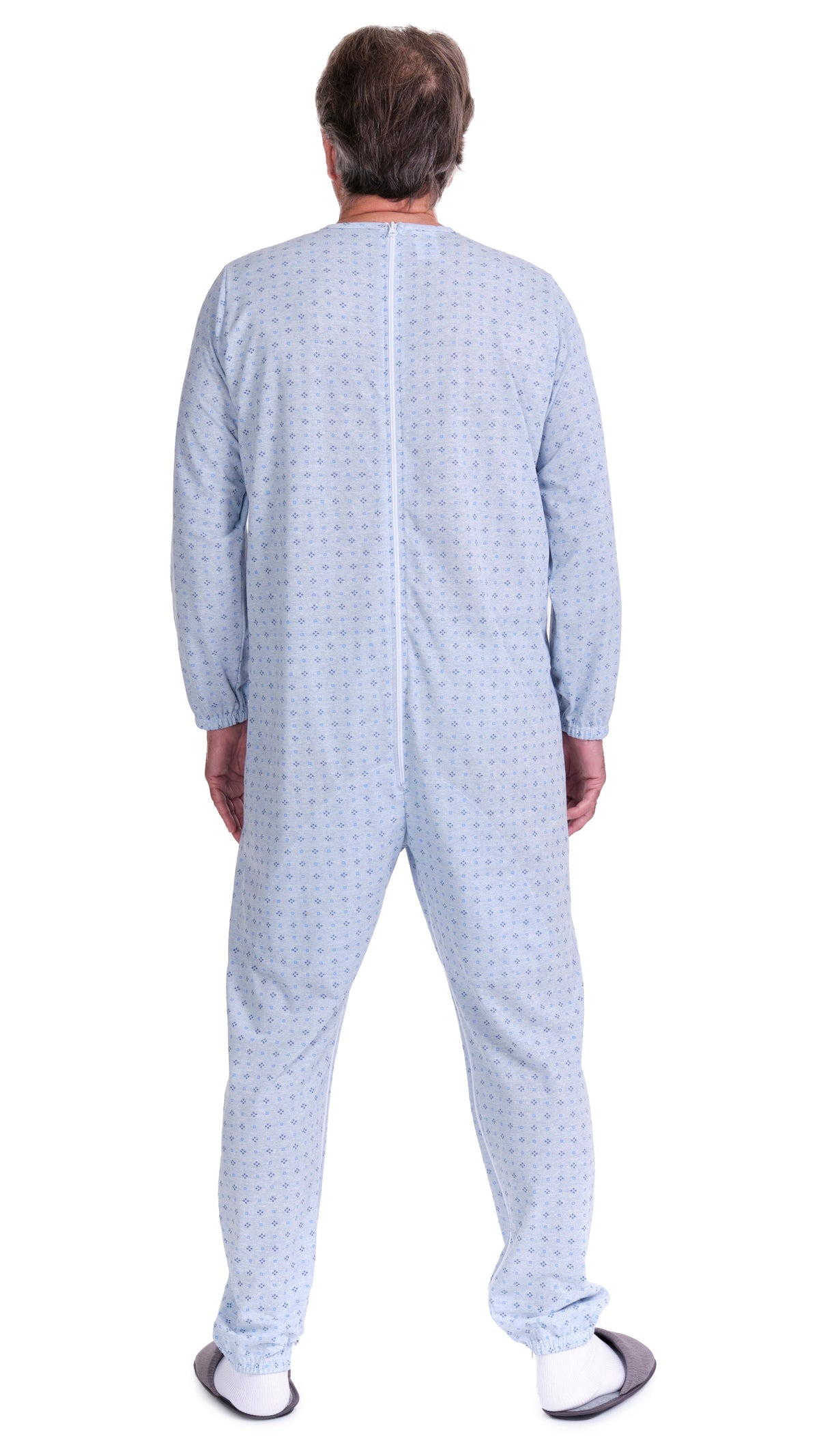 Light blue Ferrucci Comfort pajamas onesie with long sleeves, two back zippers, and cotton-polyester blend inner leg for cozy wear.