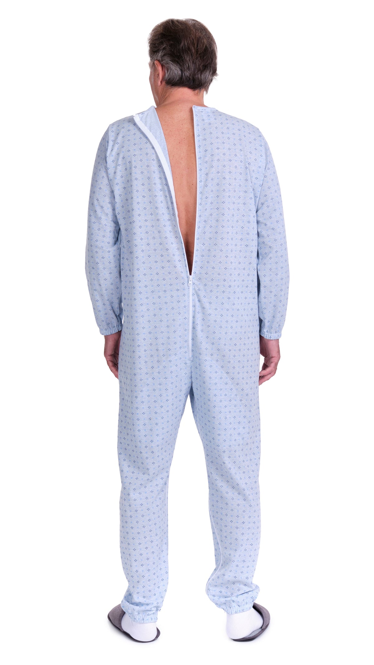 Light blue Ferrucci Comfort pyjamas onesie with long sleeves, two back zips, cotton-polyester blend inner leg, designed for comfort.