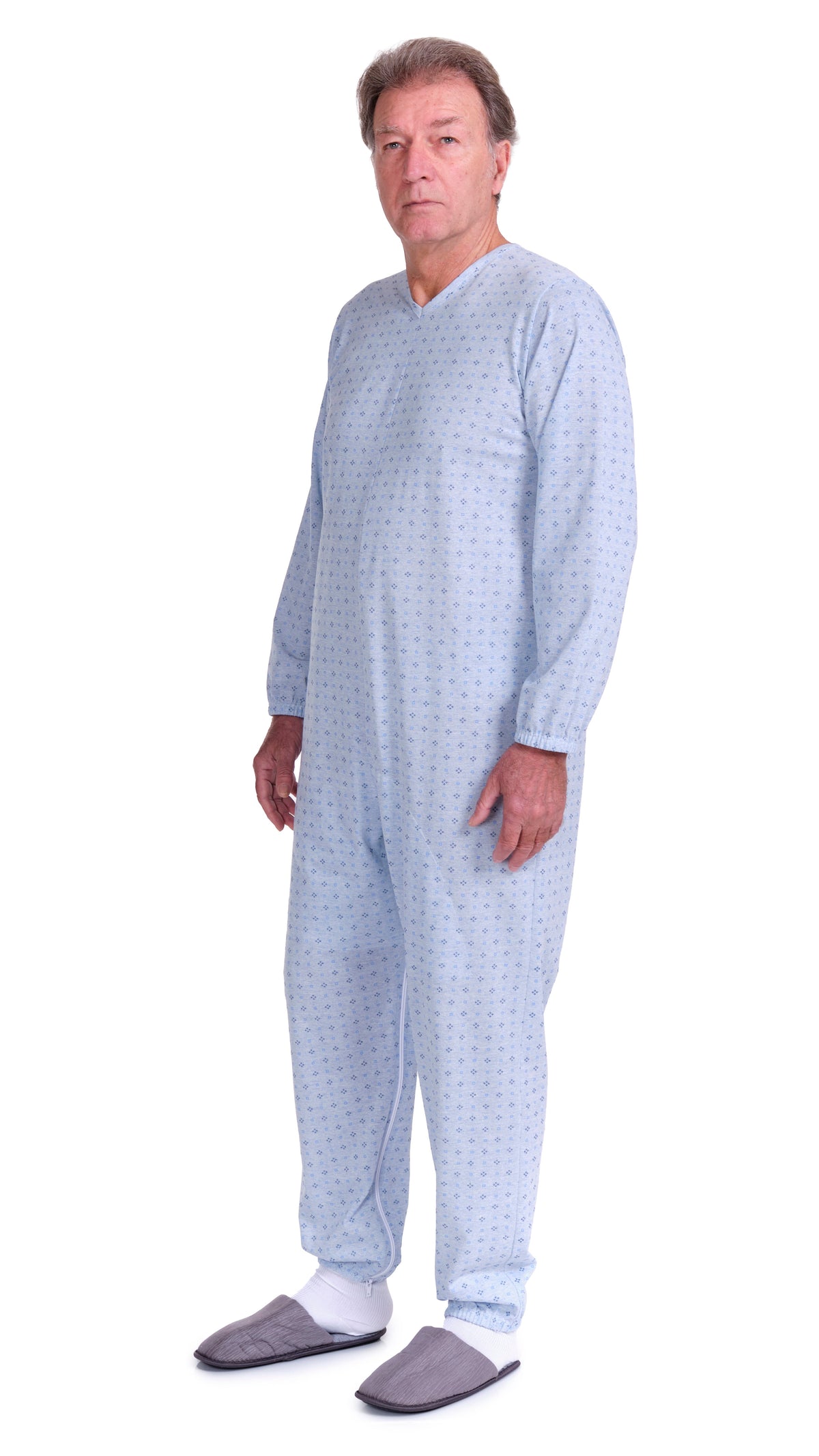 Light blue Ferrucci Comfort pajamas onesie with long sleeves, two back zips, cotton-polyester blend, and inner leg for comfort.
