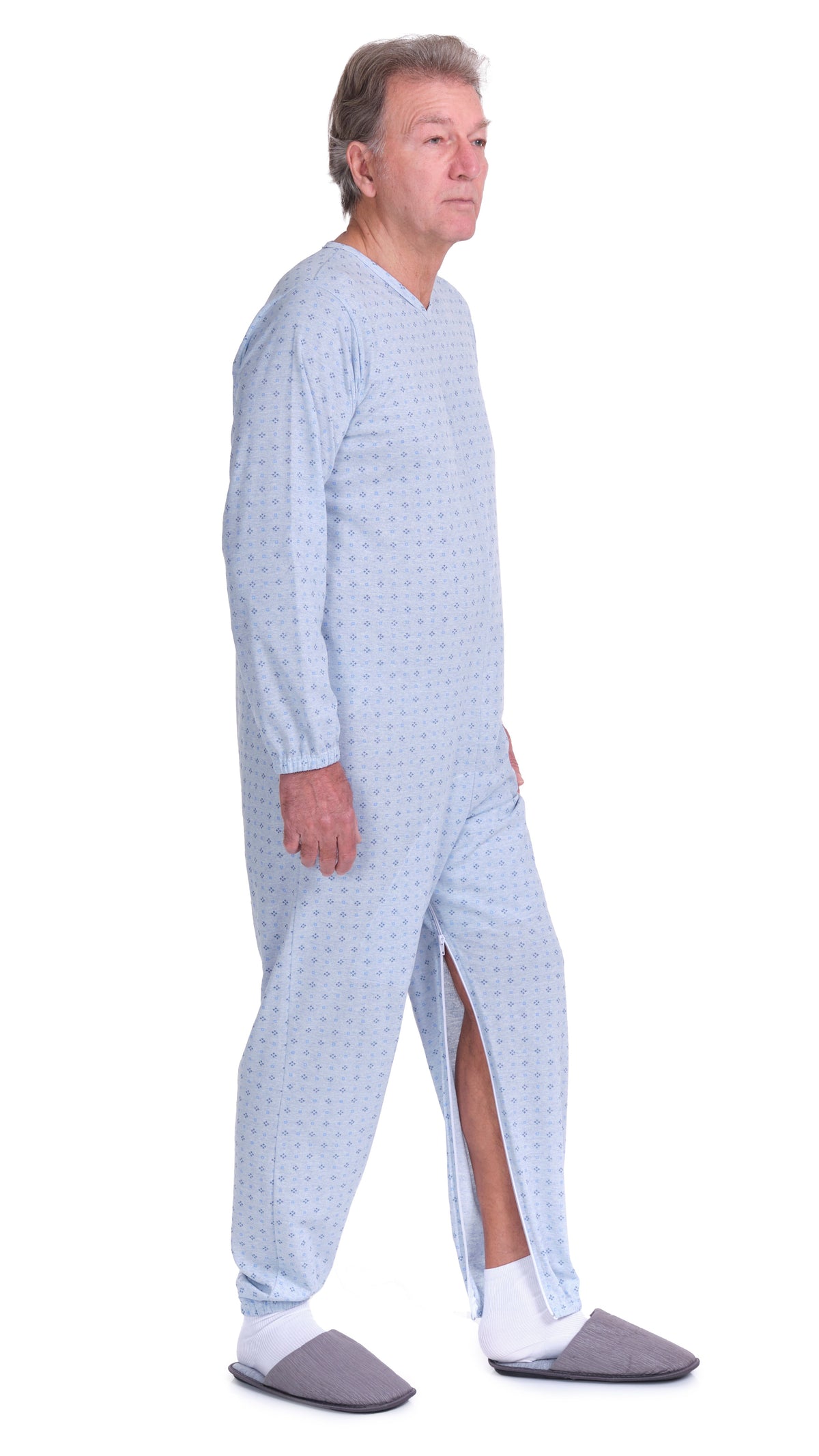 Light blue Ferrucci Comfort pyjama onesie with long sleeves, two back zips, and cotton-polyester blend inner leg for comfort.