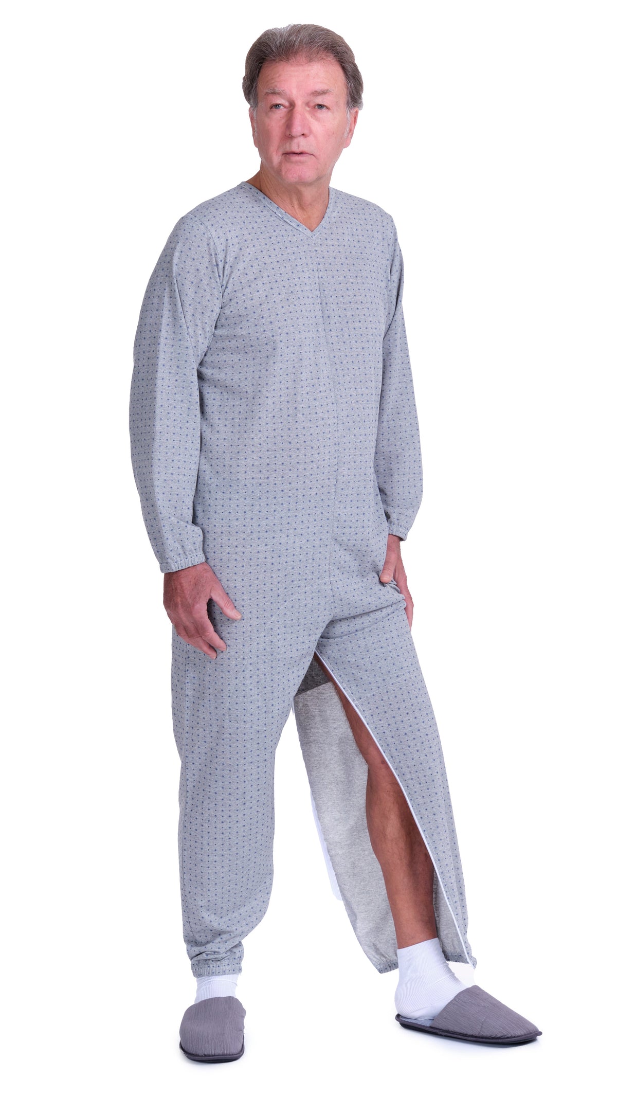 Light blue Ferrucci Comfort pyjamas onesie with long sleeves, two back zippers, and cotton-polyester blend inner leg.