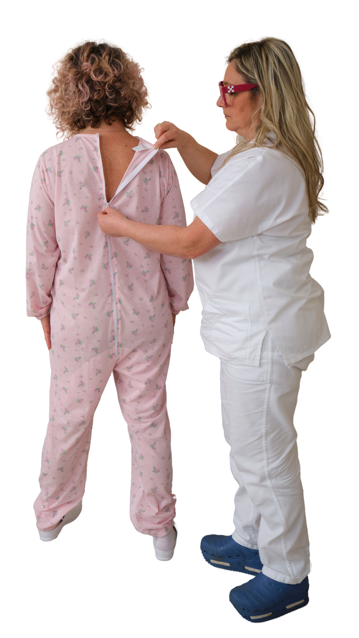 Light blue Ferrucci Comfort pajamas onesie with long sleeves, two back zippers, and cotton-polyester blend inner leg.