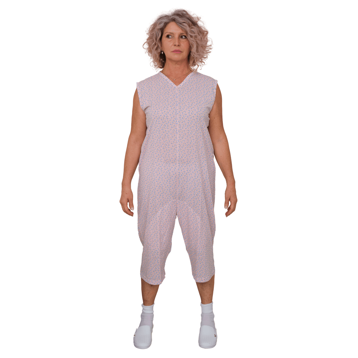 Light blue Ferrucci Comfort sleeveless pajamas with shorts, two zippers, and cotton-polyester blend fabric.