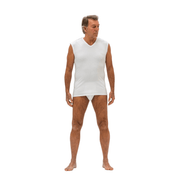 Men's healthcare sleeveless jacket with side fastening by Ferrucci Comfort, lightweight and comfortable for medical or casual wear.