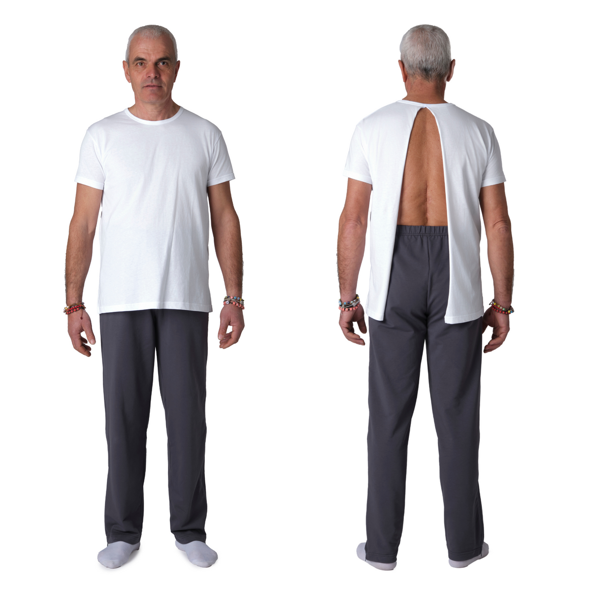 Ferrucci Comfort open-back medical T-shirt made of 100% cotton for post-surgery and bedridden patient care.