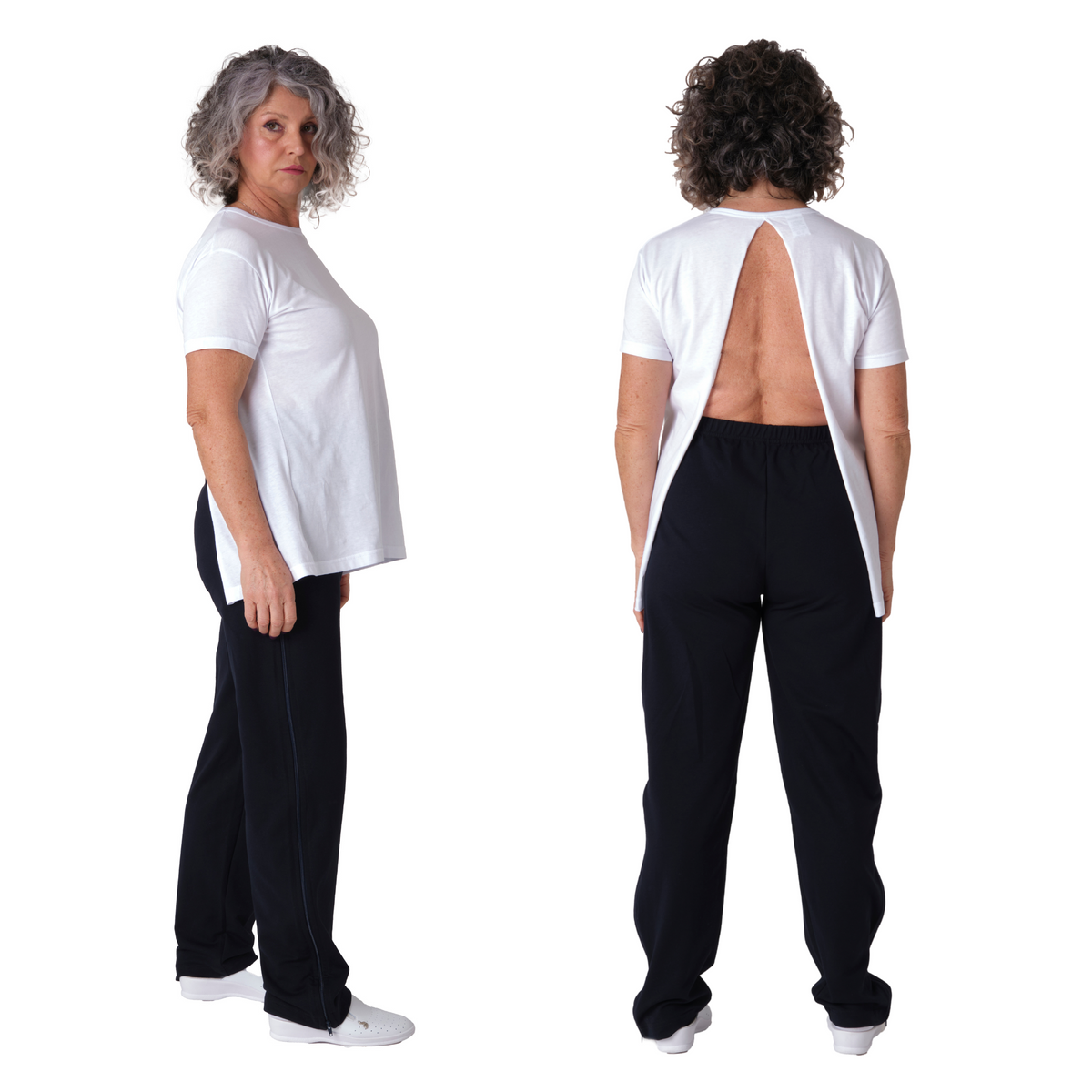 Open-back Ferrucci Comfort medical T-shirt made of 100% cotton for post-surgery and bedridden patient care, shown in white.