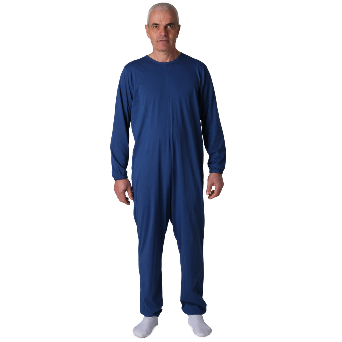 Ferrucci Comfort unisex adaptive back-zip cotton jumpsuit with long sleeves and pants, designed for elderly and dementia care.
