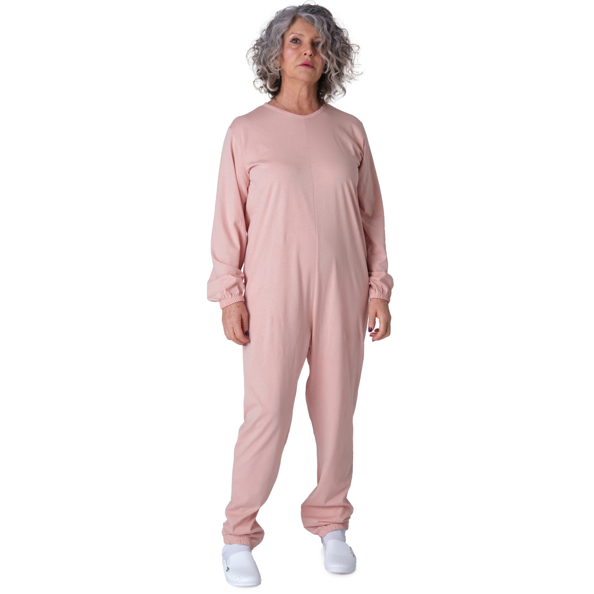 Ferrucci Comfort unisex cotton adaptive back-zip jumpsuit with long sleeves and pants, ideal for elderly and dementia care.