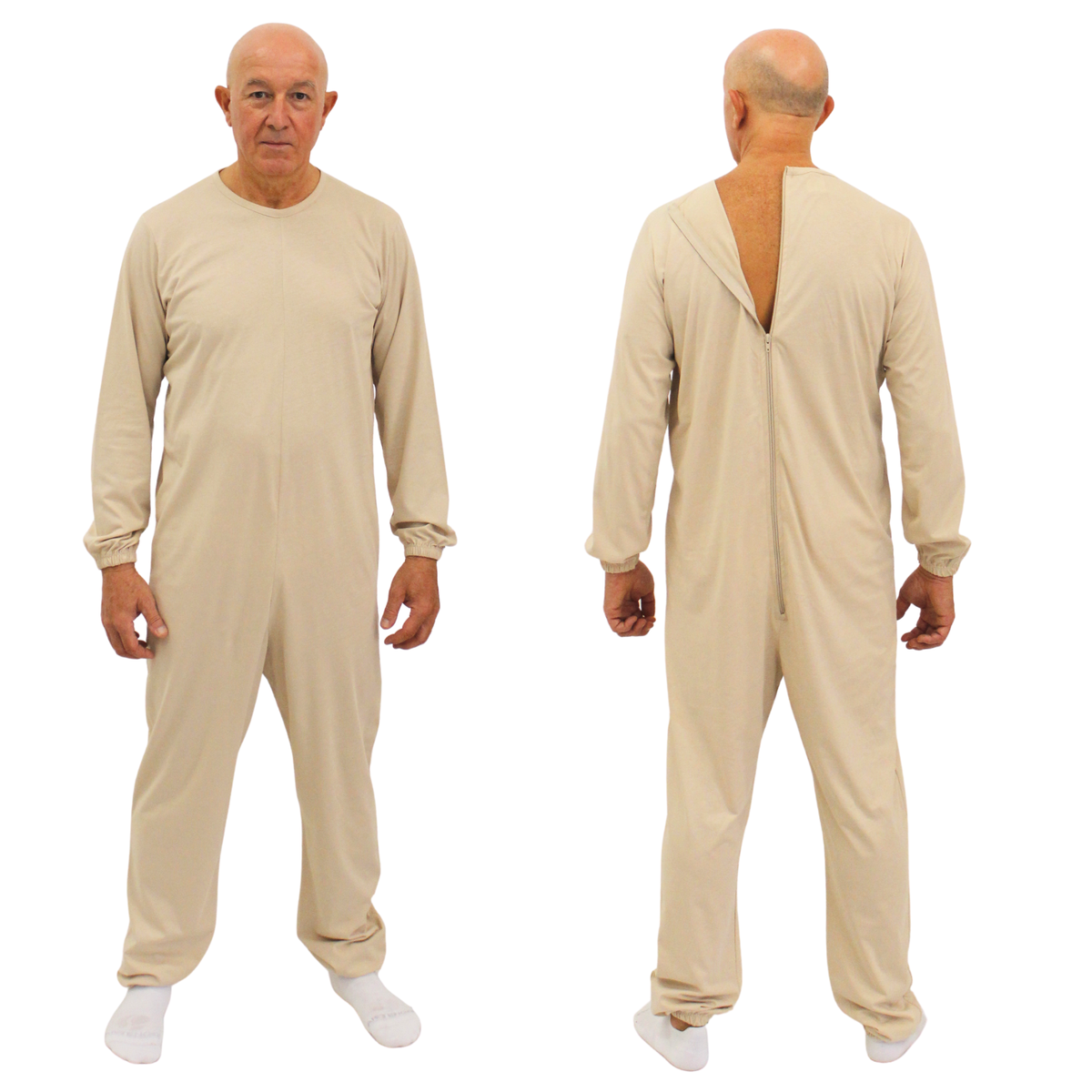 Ferrucci Comfort unisex adaptive back-zip cotton jumpsuit with long sleeves and pants, designed for elderly and dementia care.