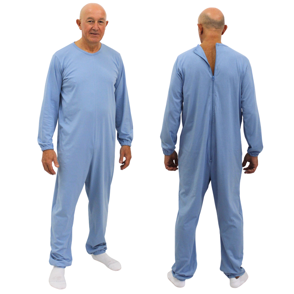 Ferrucci Comfort unisex cotton back-zip jumpsuit with long sleeves and pants, designed for elderly and dementia care.