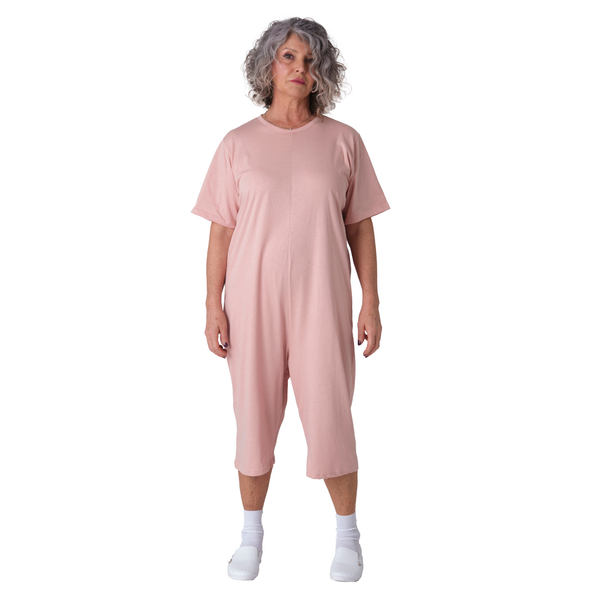Pink Ferrucci Comfort adaptive jumpsuit with back and leg zippers, short sleeves and legs, made of 100% cotton for elderly care.