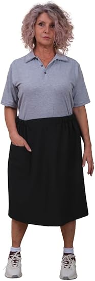 Black women’s adaptive skirt by Ferrucci Comfort, model 9080, with back opening and buttons for easy dressing for wheelchair users.