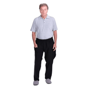 Gray men's and women's adaptive trousers by Ferrucci Comfort with back opening and buttons for easy dressing for elderly and disabled.