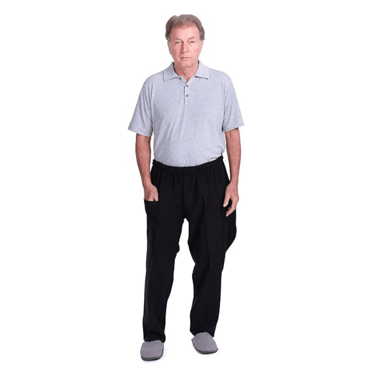 Gray men's and women's adaptive trousers by Ferrucci Comfort with back opening and buttons for easy dressing for elderly and disabled.