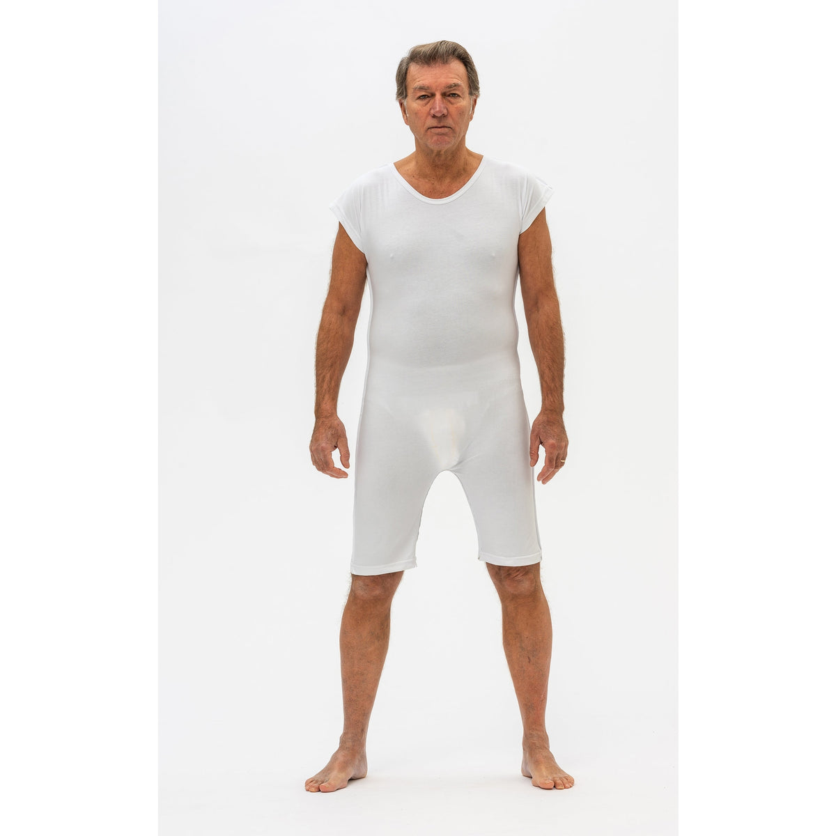 White Ferrucci Comfort Dolcezza bodysuit with rear zip, adaptive clothing designed for ease of wear and comfort.