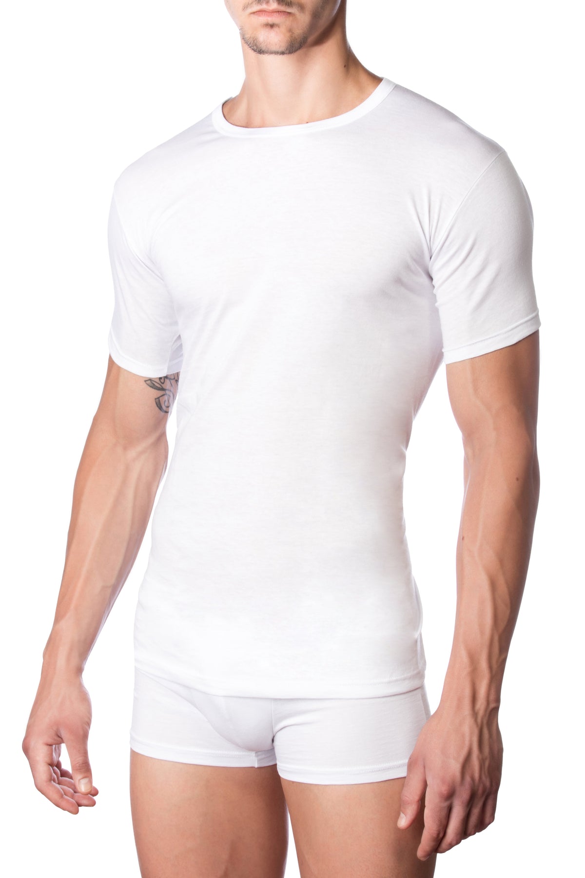 Men's white cotton crew neck T-shirt by Marc Luis, short sleeve, made of 100% combed cotton, Italian-made model J021.