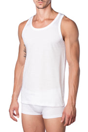 Men’s white cotton tank top by Marc Luis, wide shoulder undershirt made from 100% combed cotton, styled on a model.
