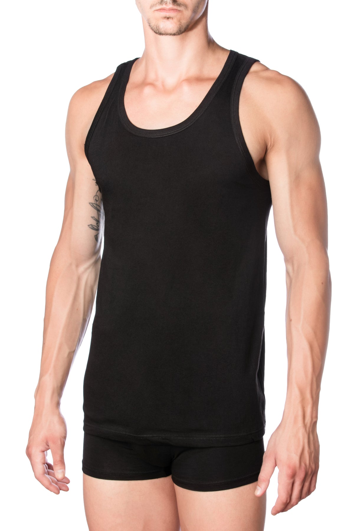 Men’s white cotton tank top by Marc Luis, wide shoulder undershirt, 100% combed cotton, crafted in Italy, model J001 SL.