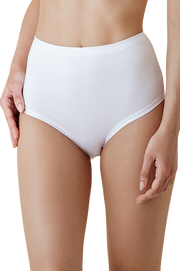 Six white women's plus size stretch cotton briefs by Marc Luis, high-waist design, comfortable fit, pack of six.