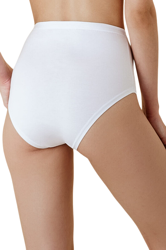Six white plus size women’s stretch cotton briefs by Marc Luis, high-waist design, comfortable fit, soft fabric, 6-pack.