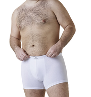 Six white men's oversize stretch cotton boxers from Marc Luis Plus Size Collection, shown in a 6-pack.