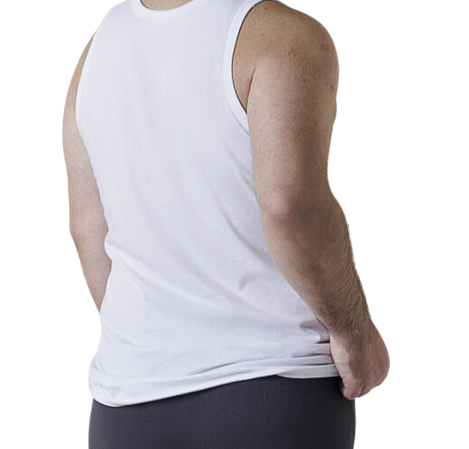 Men’s oversized white tank top with wide shoulders, made of 100% combed cotton by Marc Luis, Italian-made, shown on a model.